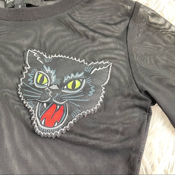 Dolls Kill Sheer Mesh Spooky Cat Patch Goth Long Sleeve Shirt EUC - Picture 2 of 11
